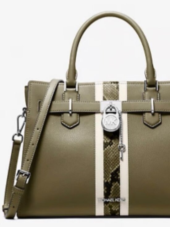 Michael Kors Handbags - Michael Kors Olive Hamilton Medium Leather & Snake Embossed Stripe Satchel
